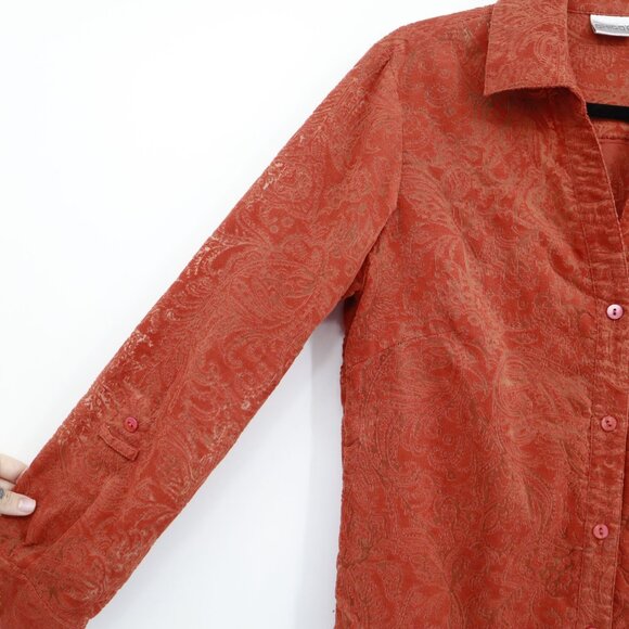 Chico's Corduroy Burnout Shirt Womens M Orange Western Preppy 70's Boho Academia - Picture 7 of 16